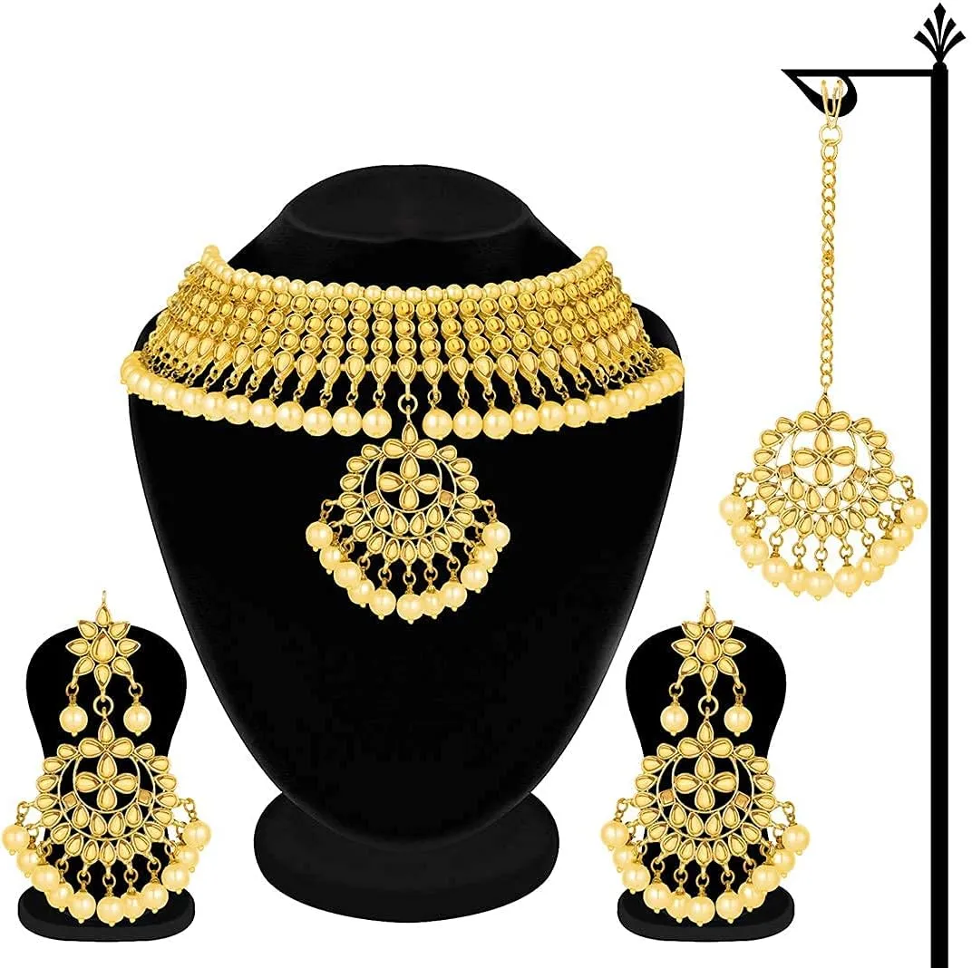 Aheli Indian Traditional Maang Tikka with Kundan Necklace Earrings Set Ethnic Wedding Party Designer Jewelry Gift for Women
