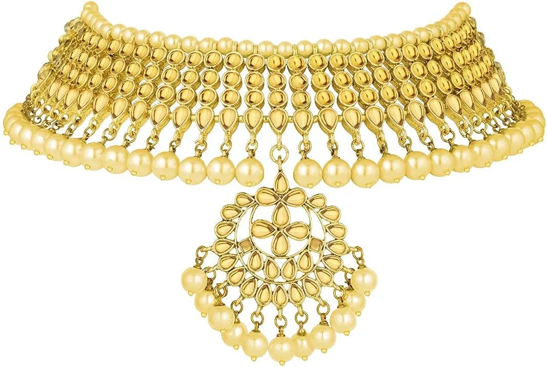 Aheli Indian Traditional Maang Tikka with Kundan Necklace Earrings Set Ethnic Wedding Party Designer Jewelry Gift for Women