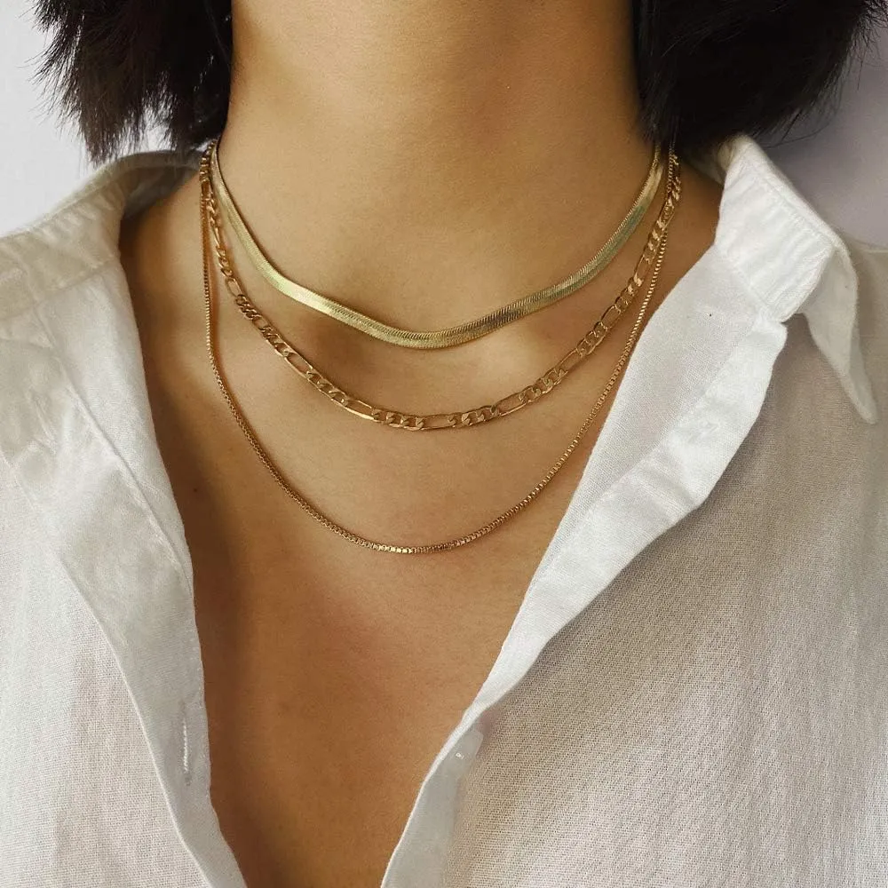 Aimimier Bohemia Layered Cuban Link Chain Choker Necklace Flat Herringbone Figaro Chain Necklace Unique Accessories for Women