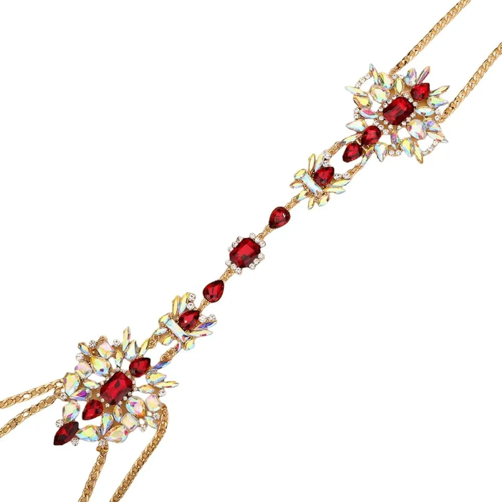 Aimimier Boho Rhinestone Body Chain Sexy Chest Chain Bikini Bra Chain Statement Necklace Shiny Crystal Beach Body Accessories for Women(Red)