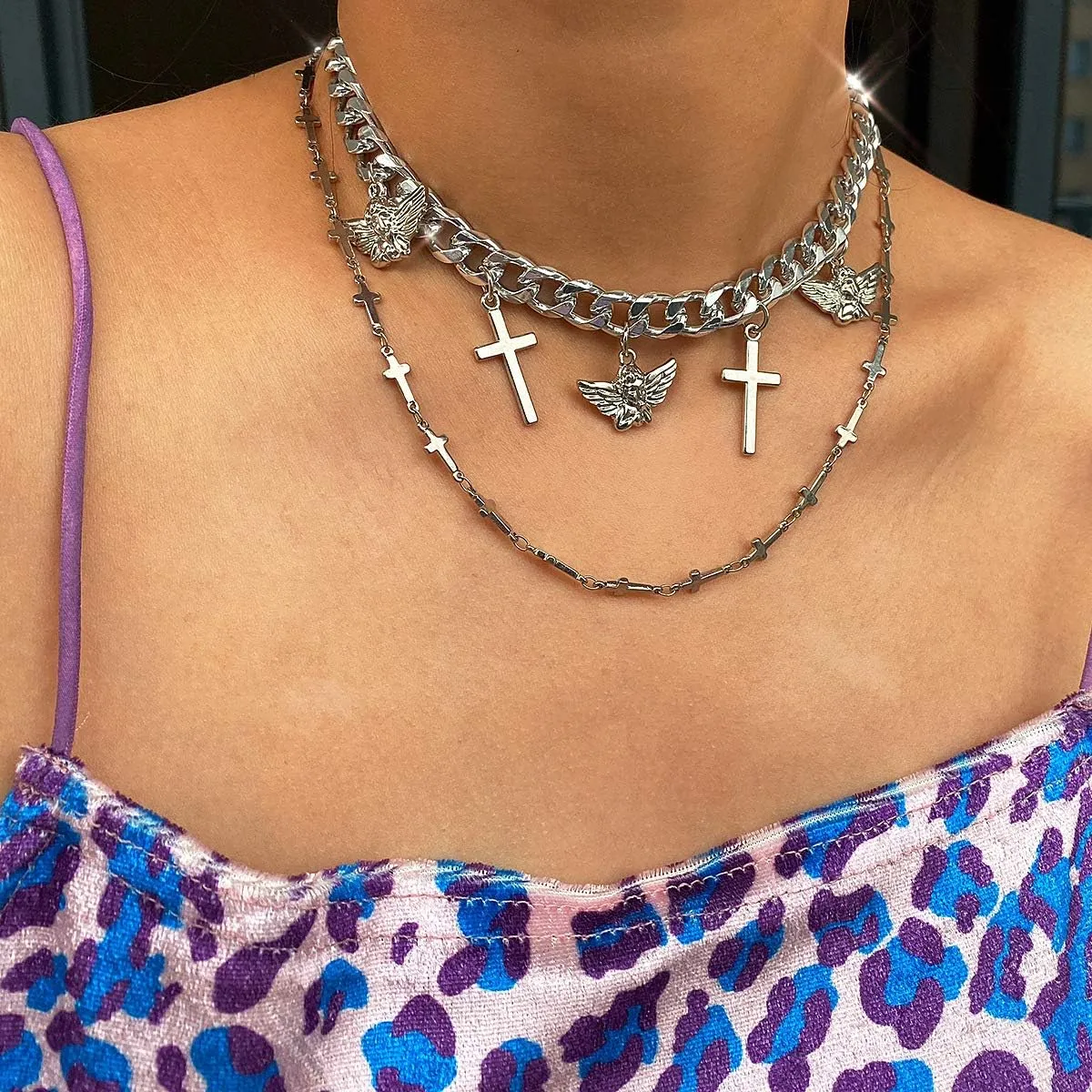 Aimimier Punk Layered Angel Cupid Pendant Necklace Chunky Cuban Link Chain Necklace Cross Necklace for Women