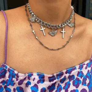 Aimimier Punk Layered Angel Cupid Pendant Necklace Chunky Cuban Link Chain Necklace Cross Necklace for Women