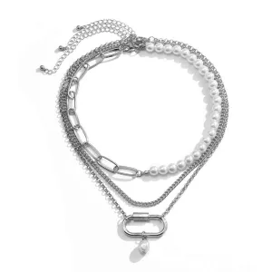 Aimimier Punk Layered Pearl Paperclip Link Chain Necklace 3 Pcs Stackable Chunky Geometric Choker Necklace Prom Party Festival Necklace for Women(Silver)