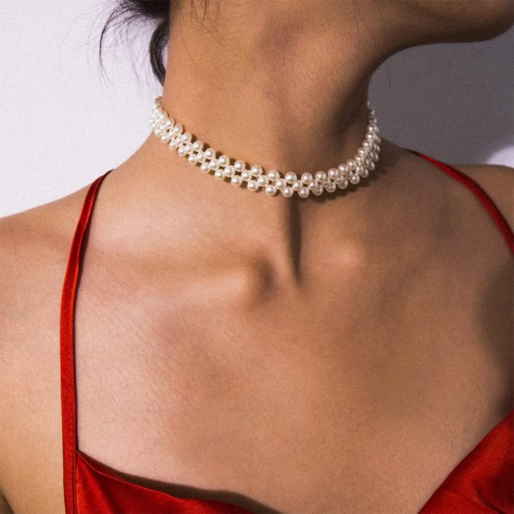 Aimimier Vintage Woven Pearl Choker Necklace Pearl Collar Necklace Prom Party Festival Statement Necklace for Women