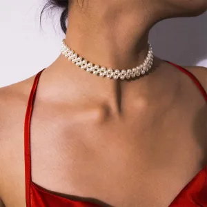 Aimimier Vintage Woven Pearl Choker Necklace Pearl Collar Necklace Prom Party Festival Statement Necklace for Women