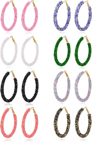 Akeoqi 8 Pairs Beaded Hoop Earrings Multicolor Shiny Glitter Sequins Hoops Boho Wrapped Gold Circle Rhinestone Statement Drop Dangle Earring Jewelry Set For Women 20G