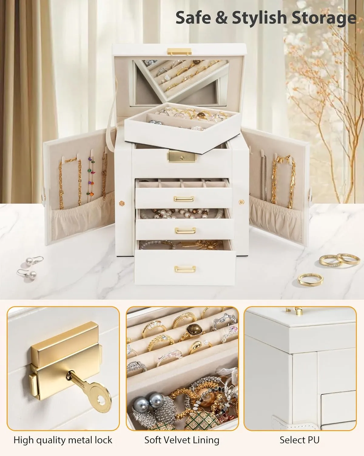 AKOZLIN 4-Tier Jewelry Box Leather Jewelry Storage Organizer with 3 Drawers Lockable for Women Girls Ring Necklace Earring Bracelet Watches Holder with Mirror White