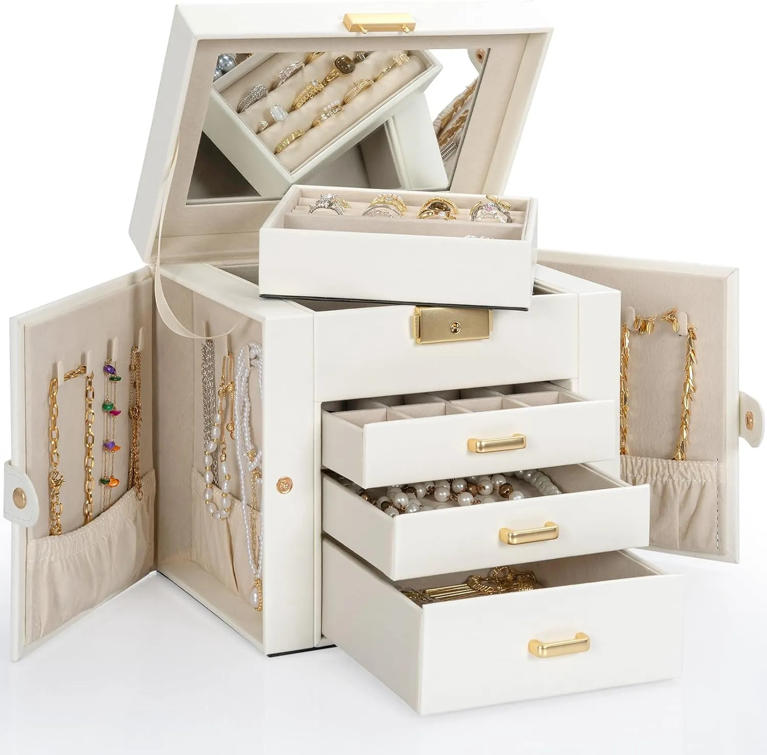 AKOZLIN 4-Tier Jewelry Box Leather Jewelry Storage Organizer with 3 Drawers Lockable for Women Girls Ring Necklace Earring Bracelet Watches Holder with Mirror White