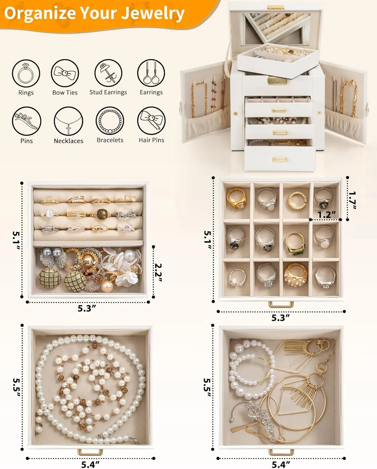 AKOZLIN 4-Tier Jewelry Box Leather Jewelry Storage Organizer with 3 Drawers Lockable for Women Girls Ring Necklace Earring Bracelet Watches Holder with Mirror White