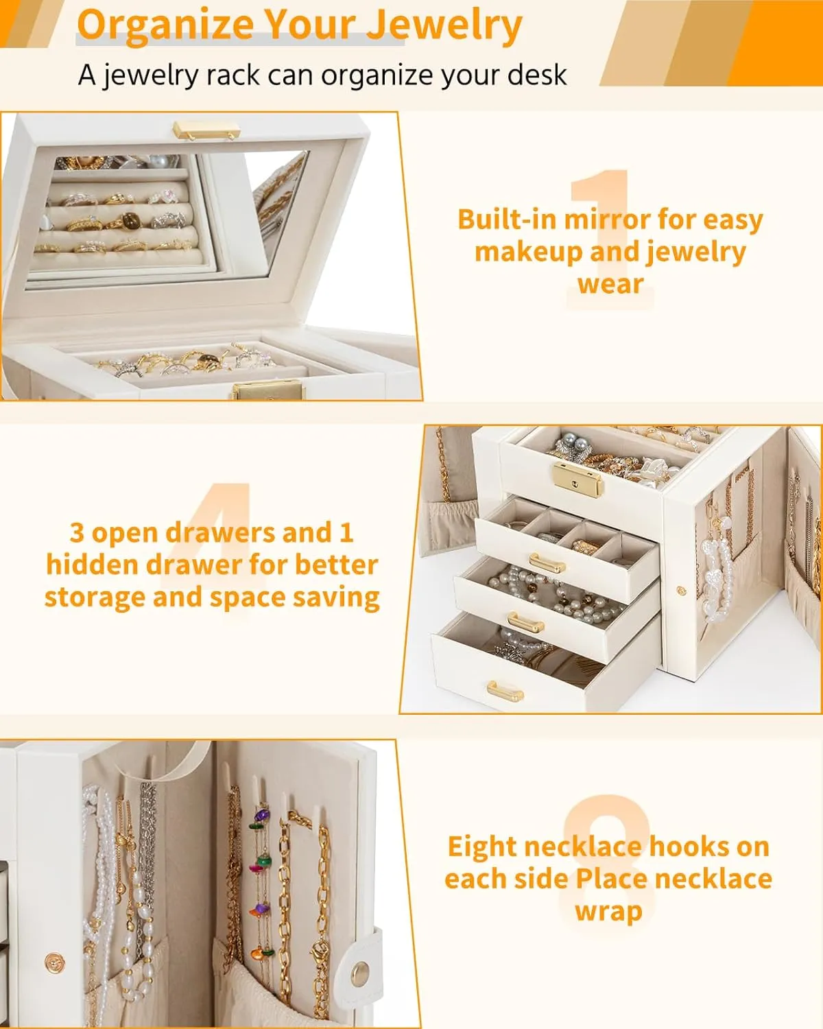 AKOZLIN 4-Tier Jewelry Box Leather Jewelry Storage Organizer with 3 Drawers Lockable for Women Girls Ring Necklace Earring Bracelet Watches Holder with Mirror White