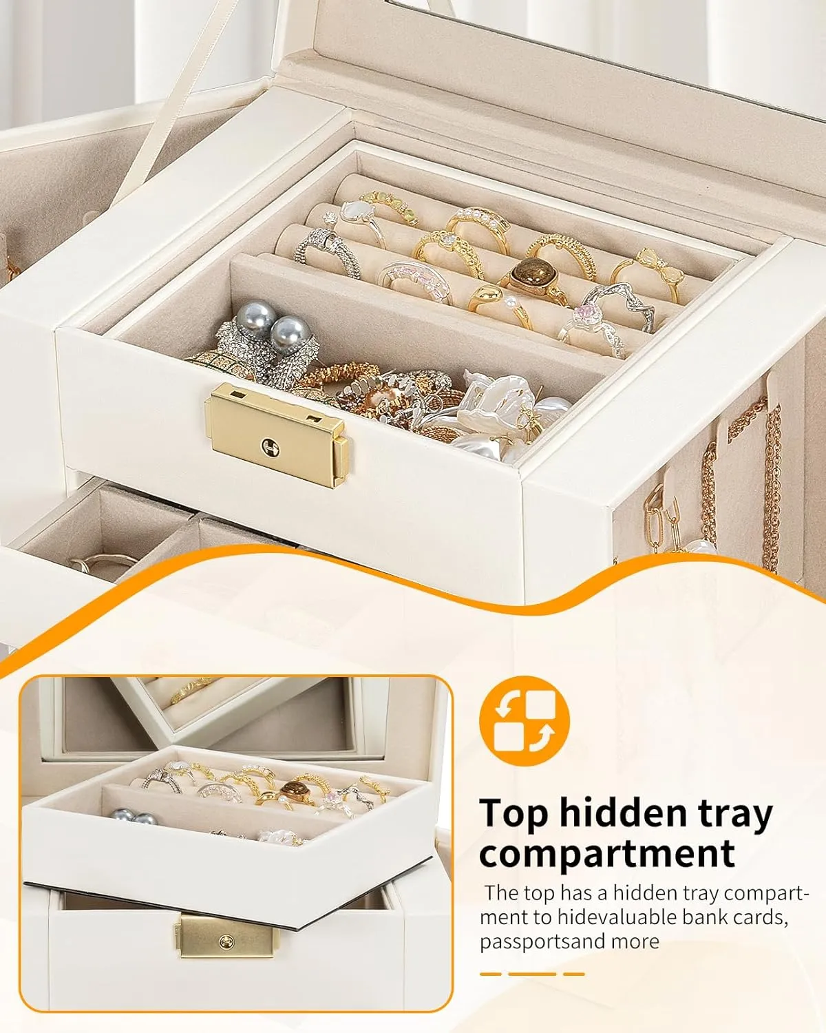 AKOZLIN 4-Tier Jewelry Box Leather Jewelry Storage Organizer with 3 Drawers Lockable for Women Girls Ring Necklace Earring Bracelet Watches Holder with Mirror White