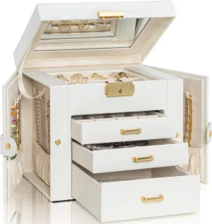 AKOZLIN 4-Tier Jewelry Box Leather Jewelry Storage Organizer with 3 Drawers Lockable for Women Girls Ring Necklace Earring Bracelet Watches Holder with Mirror White
