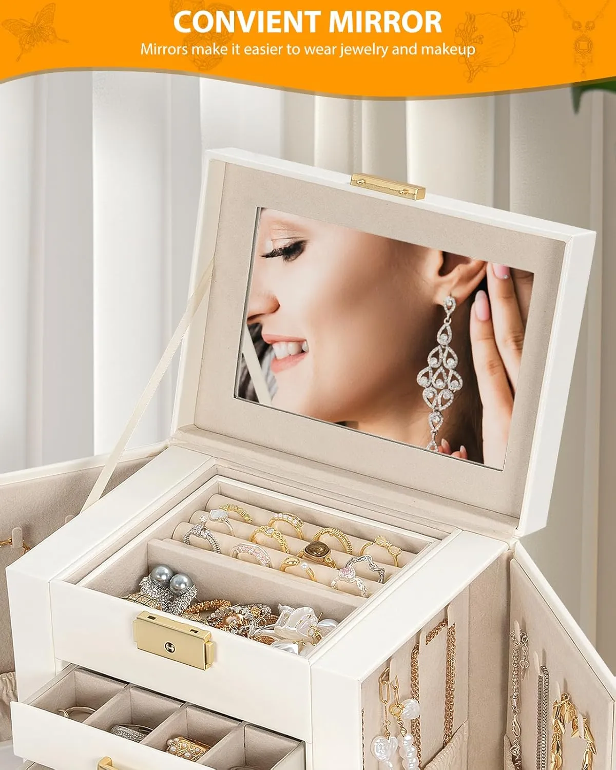 AKOZLIN 4-Tier Jewelry Box Leather Jewelry Storage Organizer with 3 Drawers Lockable for Women Girls Ring Necklace Earring Bracelet Watches Holder with Mirror White