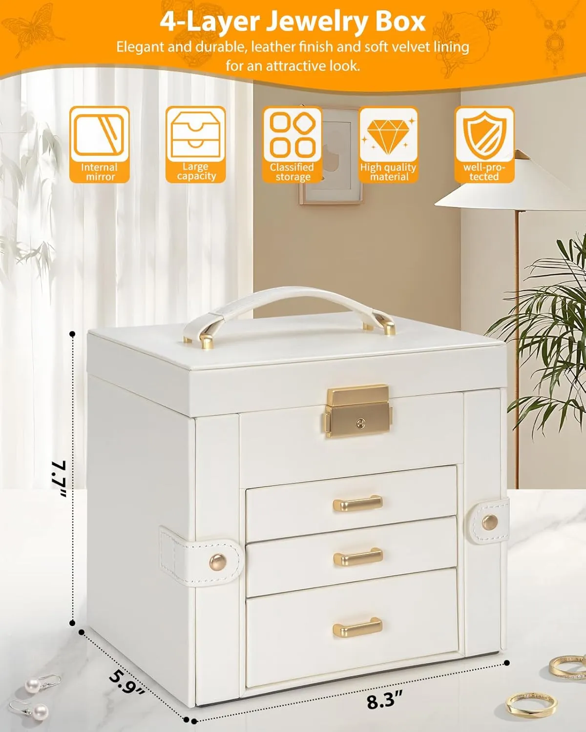 AKOZLIN 4-Tier Jewelry Box Leather Jewelry Storage Organizer with 3 Drawers Lockable for Women Girls Ring Necklace Earring Bracelet Watches Holder with Mirror White