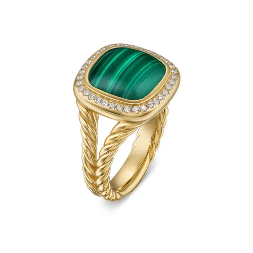 Albion Ring in 18K Yellow Gold with Malachite and Diamonds, 11mm, Size 7
