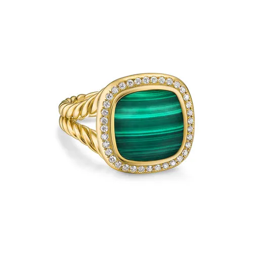 Albion Ring in 18K Yellow Gold with Malachite and Diamonds, 11mm, Size 7