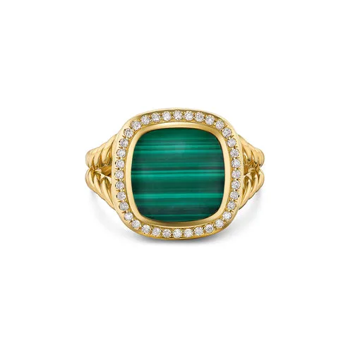 Albion Ring in 18K Yellow Gold with Malachite and Diamonds, 11mm, Size 7