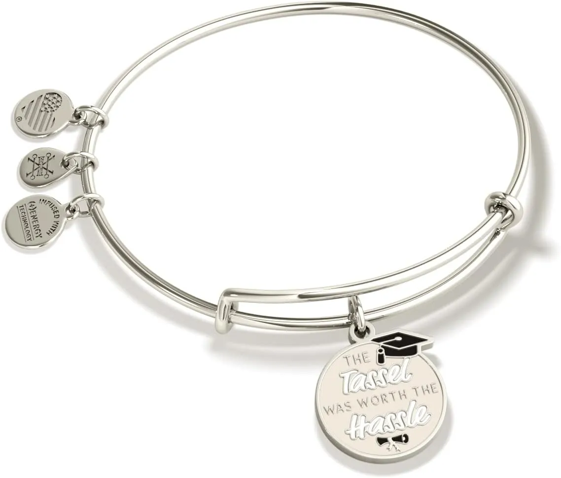 Alex and Ani Celebrations Expandable Bangle for Women, The Tassel Was Worth the Hassle Charm, Shiny Silver Finish, 2 to 3.5 in