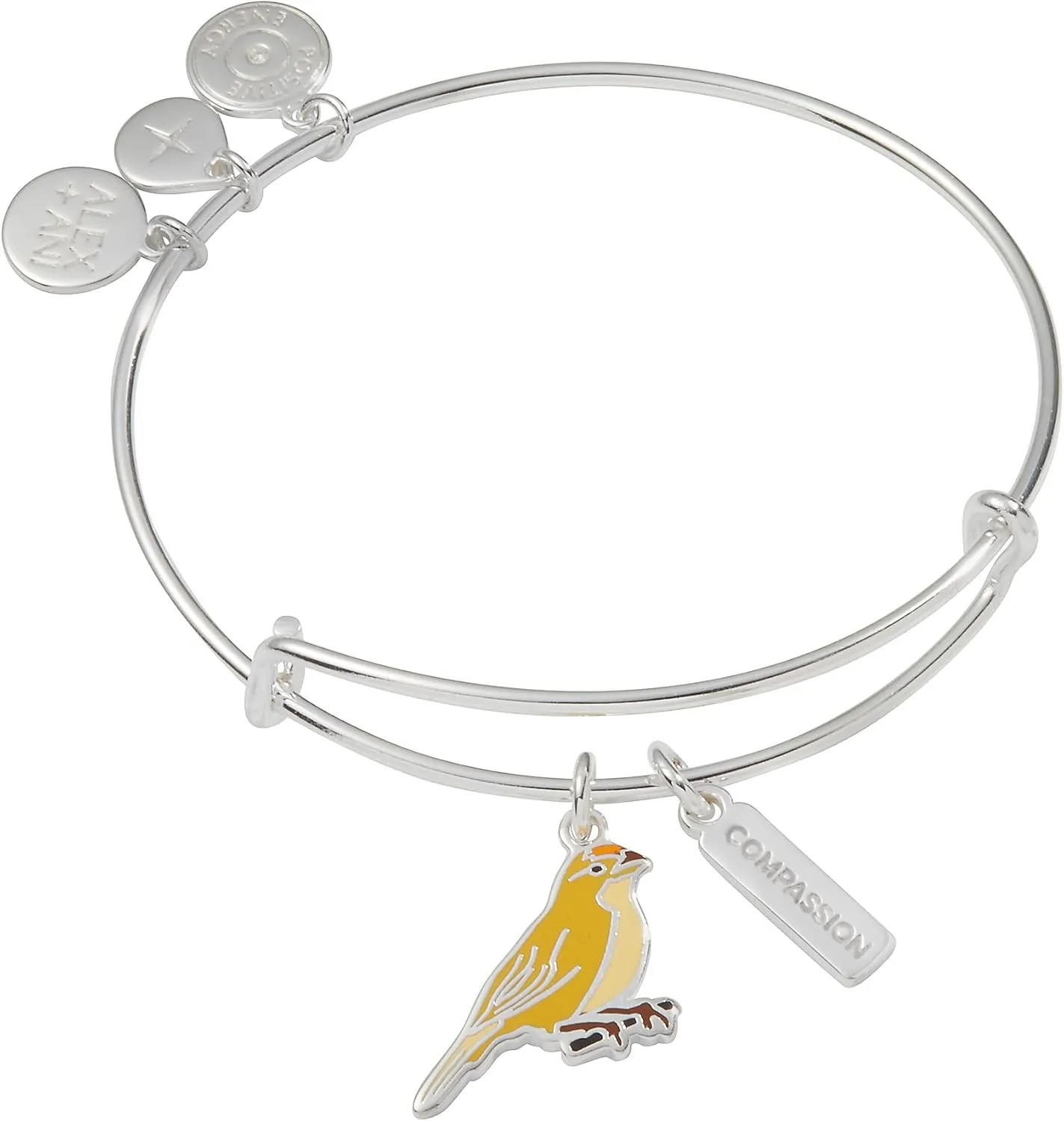 Alex and Ani Compassion Yellow Canary Duo Charm Bangle, Shiny Silver Expandable Charm Bangle Bracelet, 2 to 3.5 in,