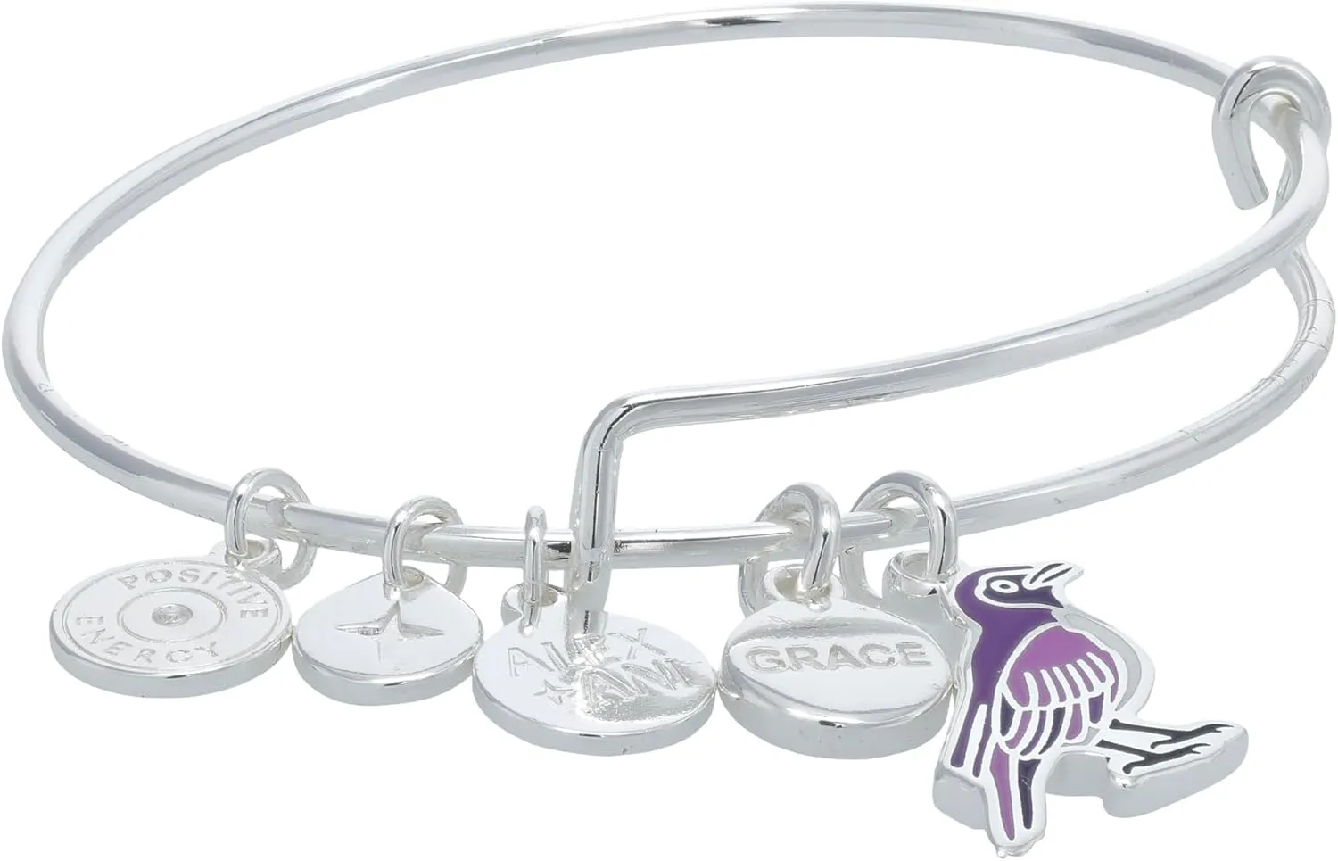 Alex and Ani Grace Violet Backed Starling Duo Expandable Wire Bangle Bracelet, Shiny Silver Finish, Purple Charm, 2 to 3.5 in