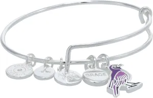 Alex and Ani Grace Violet Backed Starling Duo Expandable Wire Bangle Bracelet, Shiny Silver Finish, Purple Charm, 2 to 3.5 in