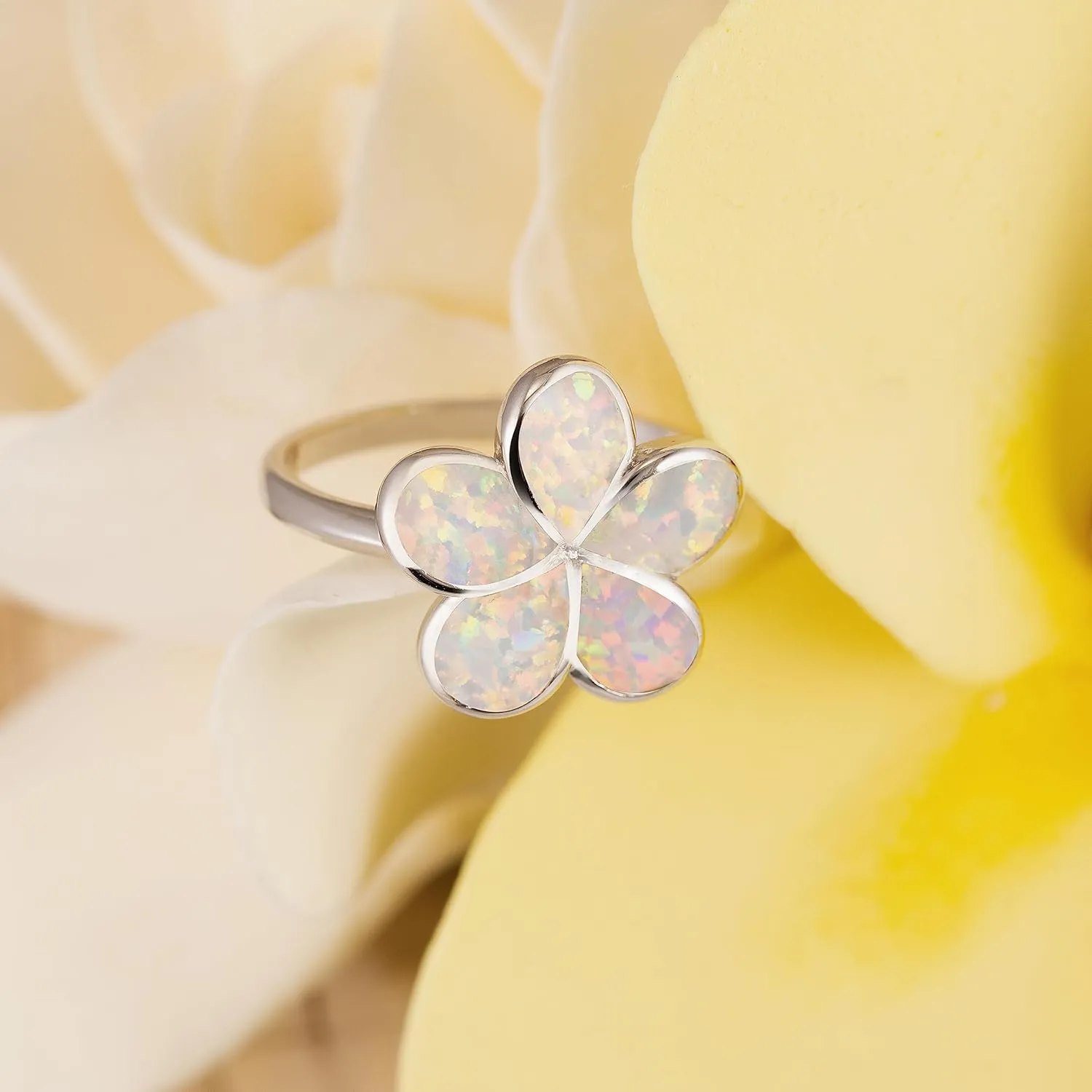 Aloha Jewelry Company 925 Sterling Silver Opal Hawaiian Plumeria Flower Wedding Band Promise Ring, White Blue Opal, Nickel Free Hypoallergenic for Sensitive Skin, Gift Box Included