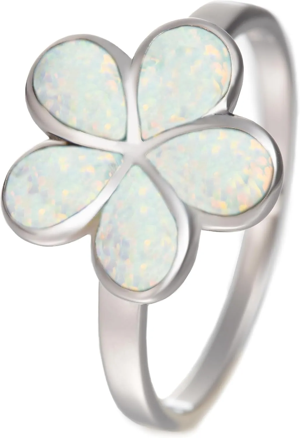 Aloha Jewelry Company 925 Sterling Silver Opal Hawaiian Plumeria Flower Wedding Band Promise Ring, White Blue Opal, Nickel Free Hypoallergenic for Sensitive Skin, Gift Box Included