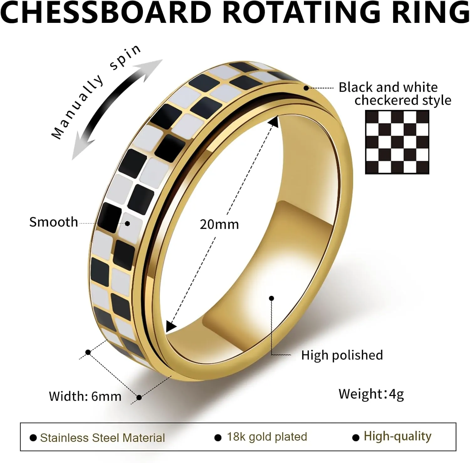 AmorArtSky Checkered Fidget Ring for Adults - 18K Gold Plated Stainless Steel Rotating Spinner Jewelry, Anxiety & Stress Relief Gift for Women/Men (Black and White Pattern)