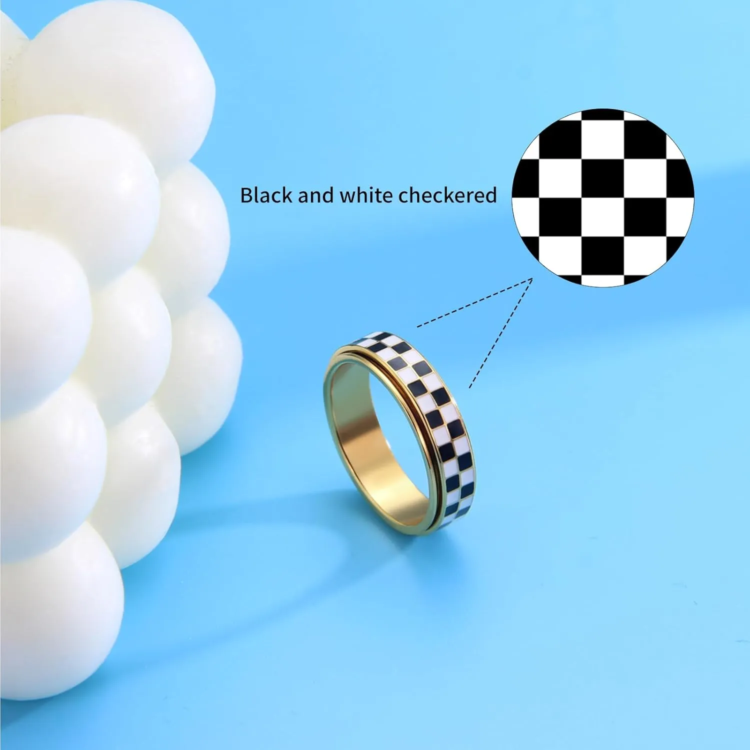 AmorArtSky Checkered Fidget Ring for Adults - 18K Gold Plated Stainless Steel Rotating Spinner Jewelry, Anxiety & Stress Relief Gift for Women/Men (Black and White Pattern)
