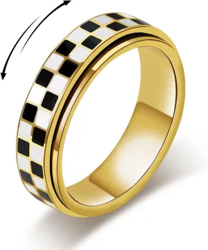 AmorArtSky Checkered Fidget Ring for Adults - 18K Gold Plated Stainless Steel Rotating Spinner Jewelry, Anxiety & Stress Relief Gift for Women/Men (Black and White Pattern)
