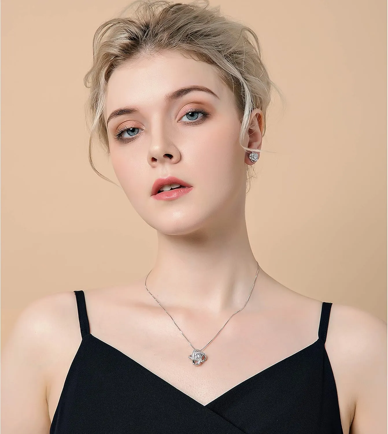 AMYJANE Bridal Jewelry Set for Women - Crystal Cubic Zirconia Love Knot Necklace Stud Earrings Elegant CZ Jewelry Set for Wedding Bride Bridesmaids Gift Set