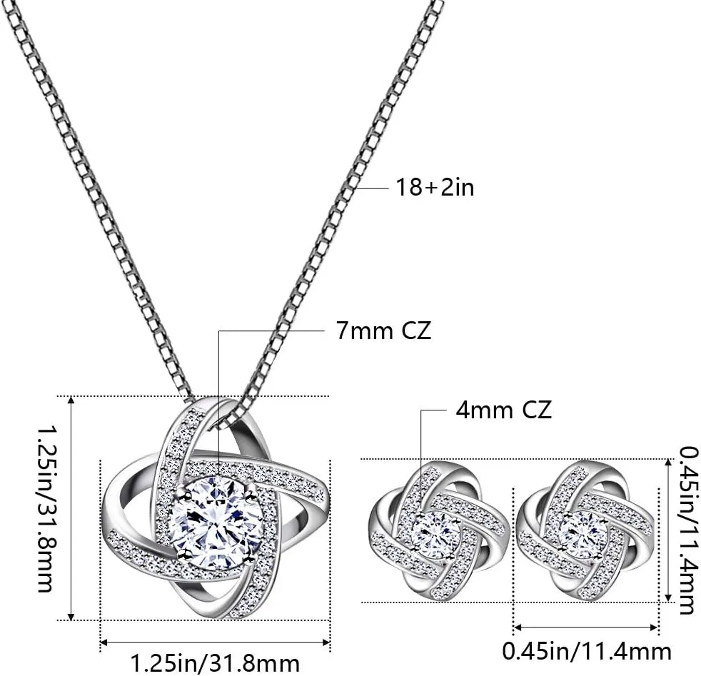 AMYJANE Bridal Jewelry Set for Women - Crystal Cubic Zirconia Love Knot Necklace Stud Earrings Elegant CZ Jewelry Set for Wedding Bride Bridesmaids Gift Set
