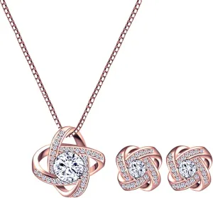 AMYJANE Bridal Jewelry Set for Women - Crystal Cubic Zirconia Love Knot Necklace Stud Earrings Elegant CZ Jewelry Set for Wedding Bride Bridesmaids Gift Set