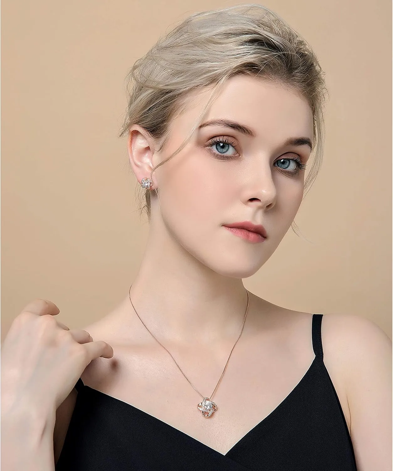AMYJANE Bridal Jewelry Set for Women - Crystal Cubic Zirconia Love Knot Necklace Stud Earrings Elegant CZ Jewelry Set for Wedding Bride Bridesmaids Gift Set