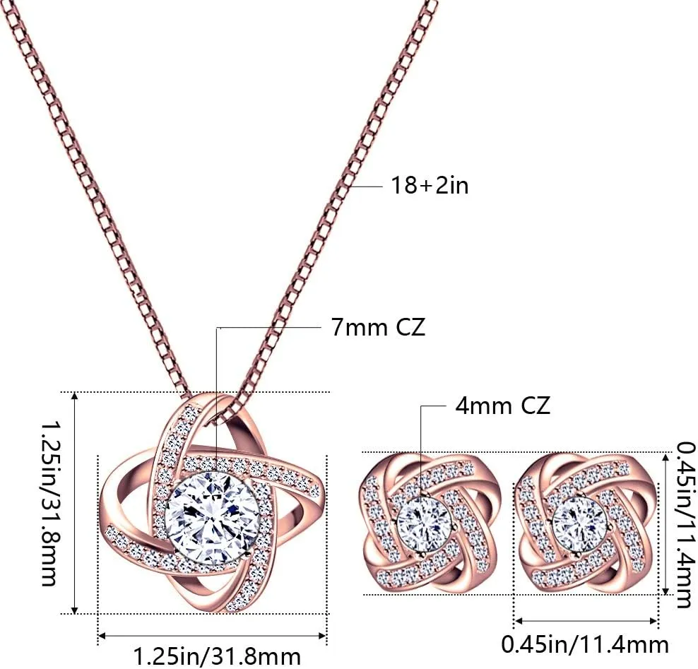 AMYJANE Bridal Jewelry Set for Women - Crystal Cubic Zirconia Love Knot Necklace Stud Earrings Elegant CZ Jewelry Set for Wedding Bride Bridesmaids Gift Set