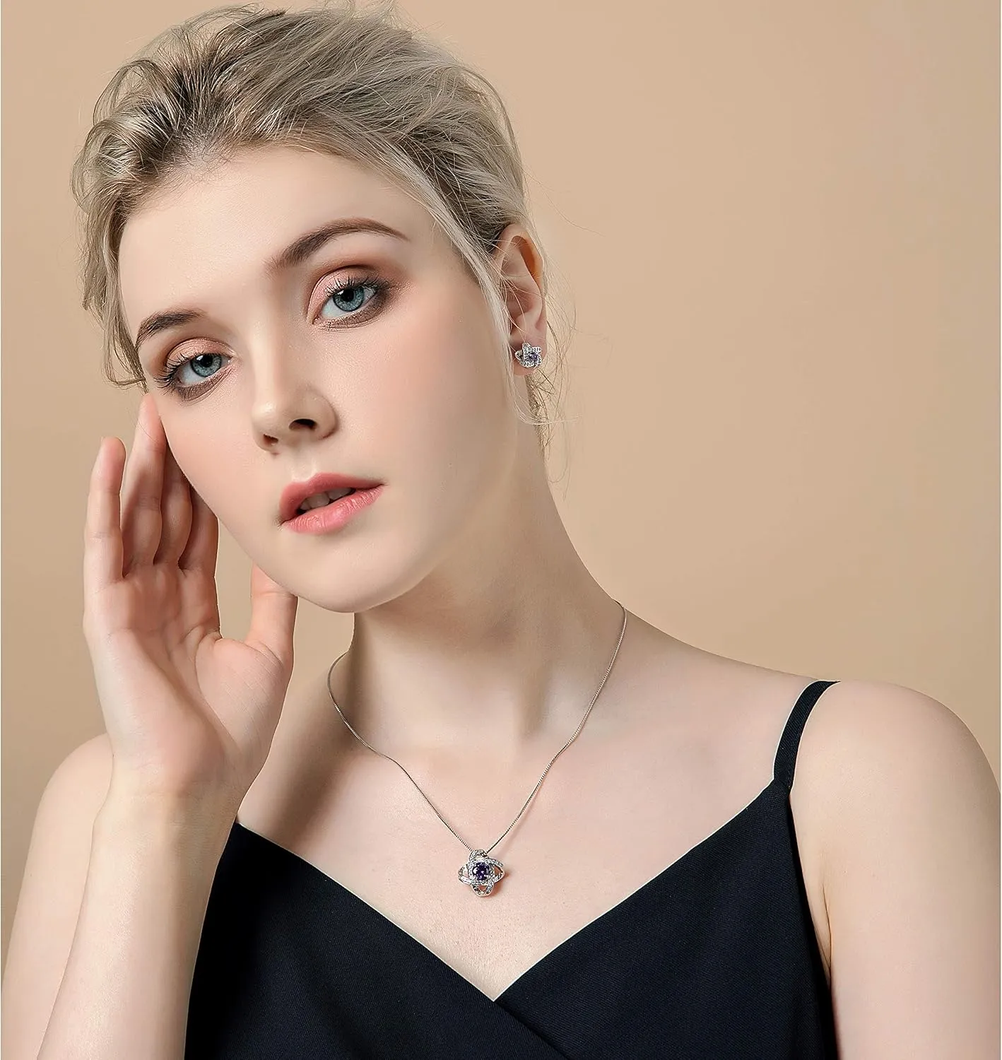 AMYJANE Bridal Jewelry Set for Women - Crystal Cubic Zirconia Love Knot Necklace Stud Earrings Elegant CZ Jewelry Set for Wedding Bride Bridesmaids Gift Set