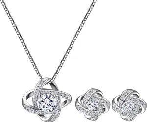 AMYJANE Bridal Jewelry Set for Women - Crystal Cubic Zirconia Love Knot Necklace Stud Earrings Elegant CZ Jewelry Set for Wedding Bride Bridesmaids Gift Set
