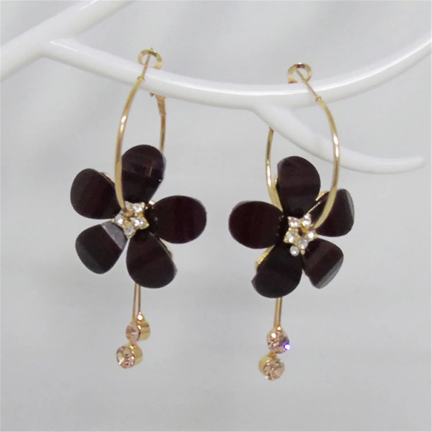 ANDPAI Elegant Romantic Bohemian Crystal Acrylic Rose Flower Dangle Drop Earrings Five Leaves Exaggerated Round Hoop long Tassel Earring for Women Statement Jewelry Gifts