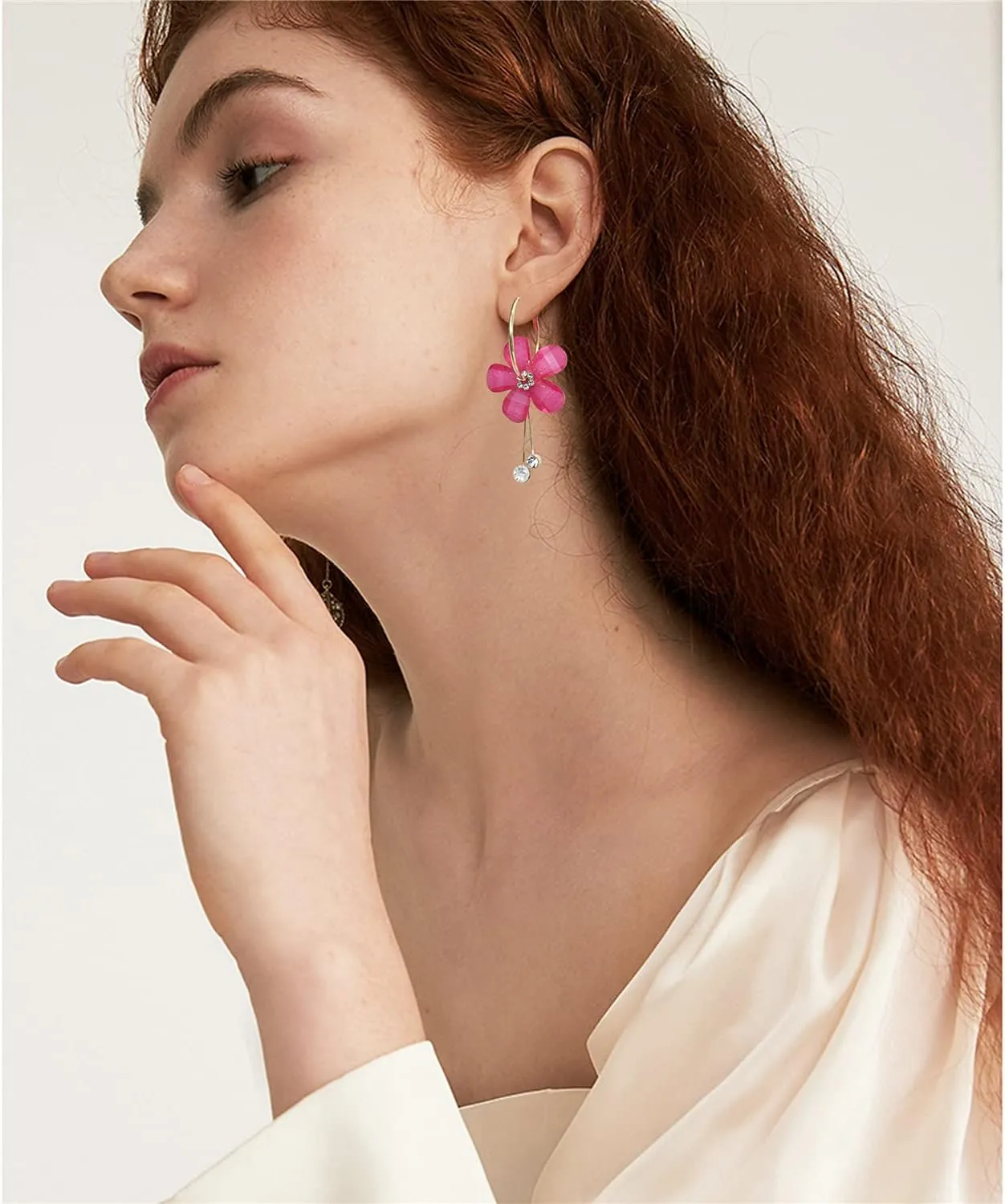 ANDPAI Elegant Romantic Bohemian Crystal Acrylic Rose Flower Dangle Drop Earrings Five Leaves Exaggerated Round Hoop long Tassel Earring for Women Statement Jewelry Gifts