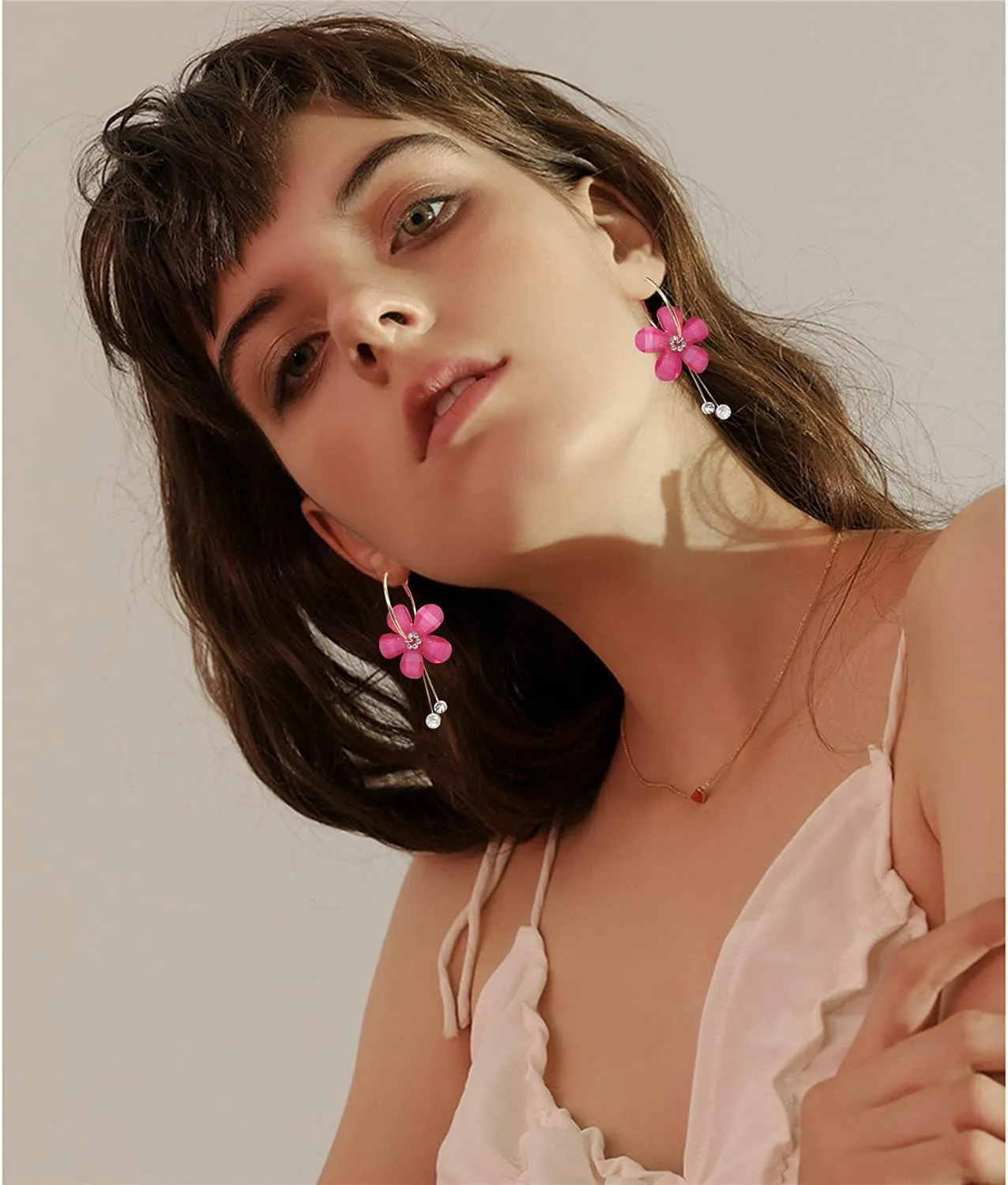 ANDPAI Elegant Romantic Bohemian Crystal Acrylic Rose Flower Dangle Drop Earrings Five Leaves Exaggerated Round Hoop long Tassel Earring for Women Statement Jewelry Gifts