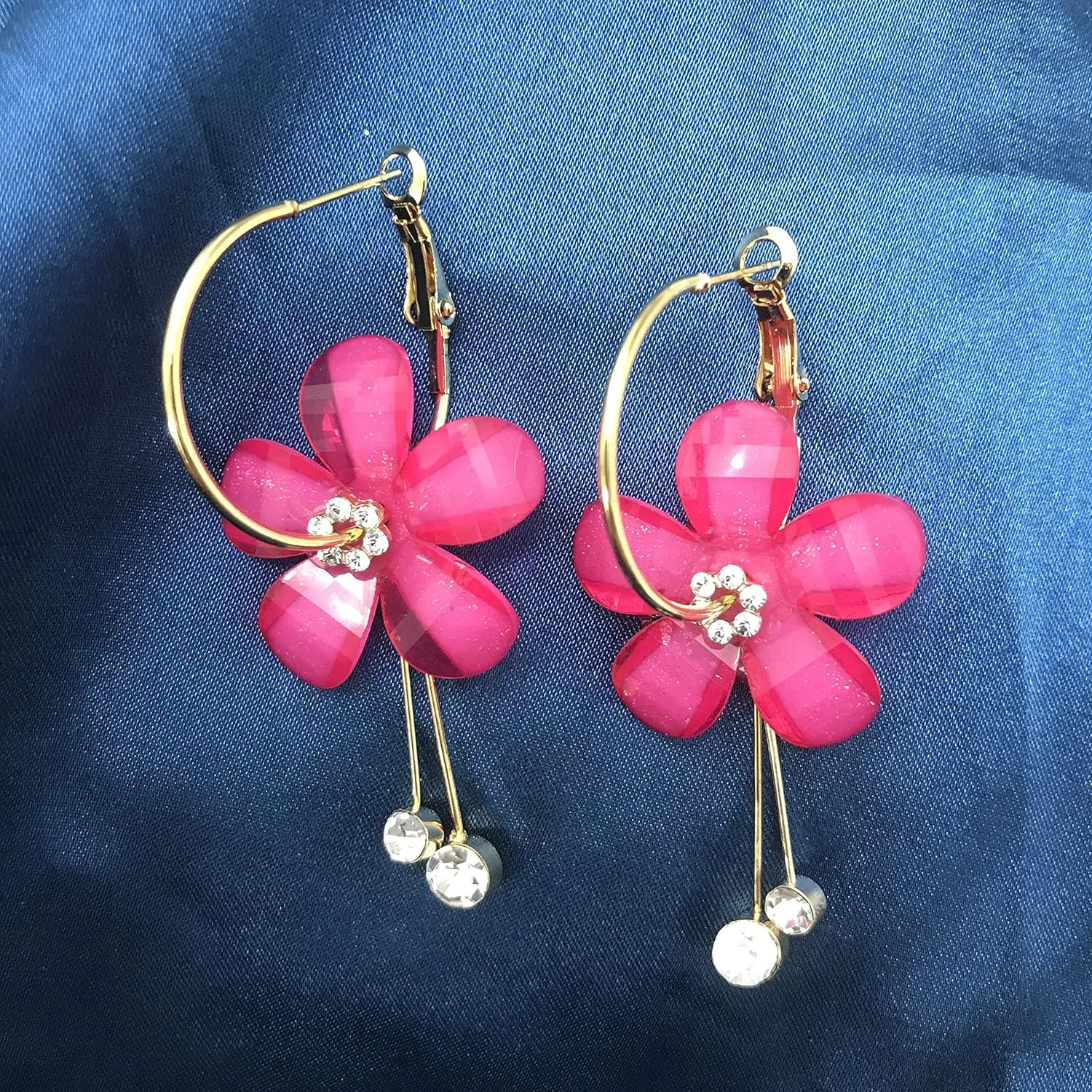 ANDPAI Elegant Romantic Bohemian Crystal Acrylic Rose Flower Dangle Drop Earrings Five Leaves Exaggerated Round Hoop long Tassel Earring for Women Statement Jewelry Gifts