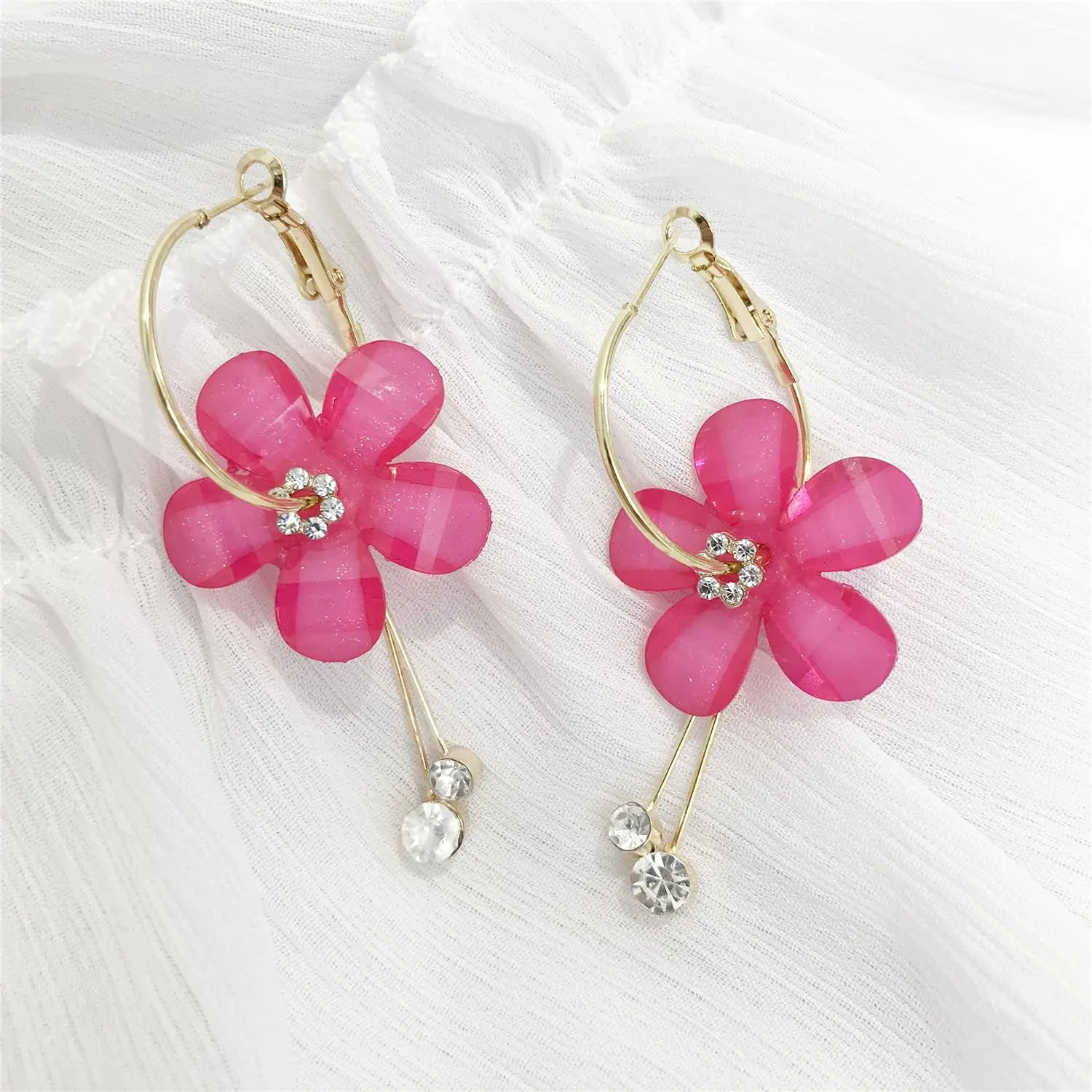 ANDPAI Elegant Romantic Bohemian Crystal Acrylic Rose Flower Dangle Drop Earrings Five Leaves Exaggerated Round Hoop long Tassel Earring for Women Statement Jewelry Gifts