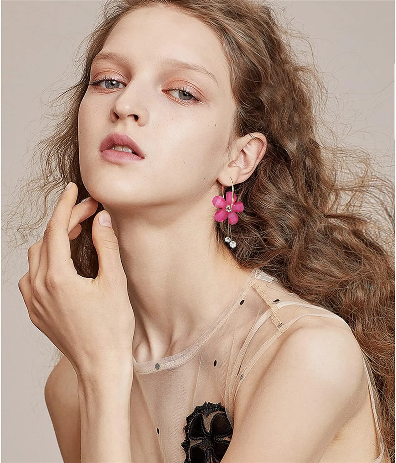 ANDPAI Elegant Romantic Bohemian Crystal Acrylic Rose Flower Dangle Drop Earrings Five Leaves Exaggerated Round Hoop long Tassel Earring for Women Statement Jewelry Gifts