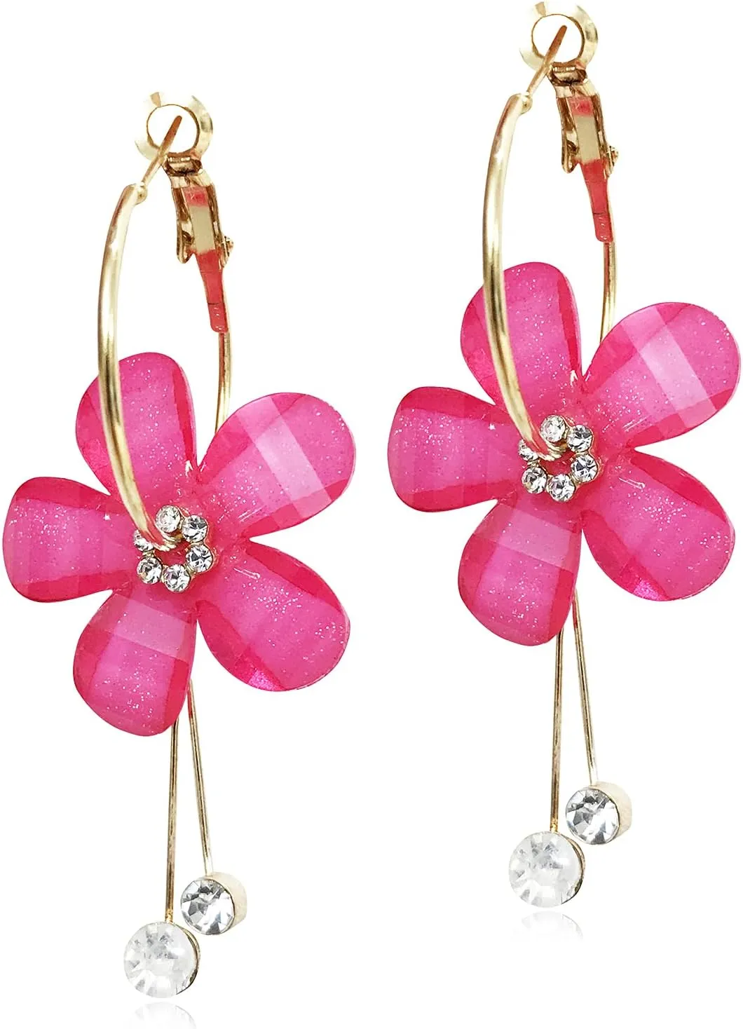 ANDPAI Elegant Romantic Bohemian Crystal Acrylic Rose Flower Dangle Drop Earrings Five Leaves Exaggerated Round Hoop long Tassel Earring for Women Statement Jewelry Gifts
