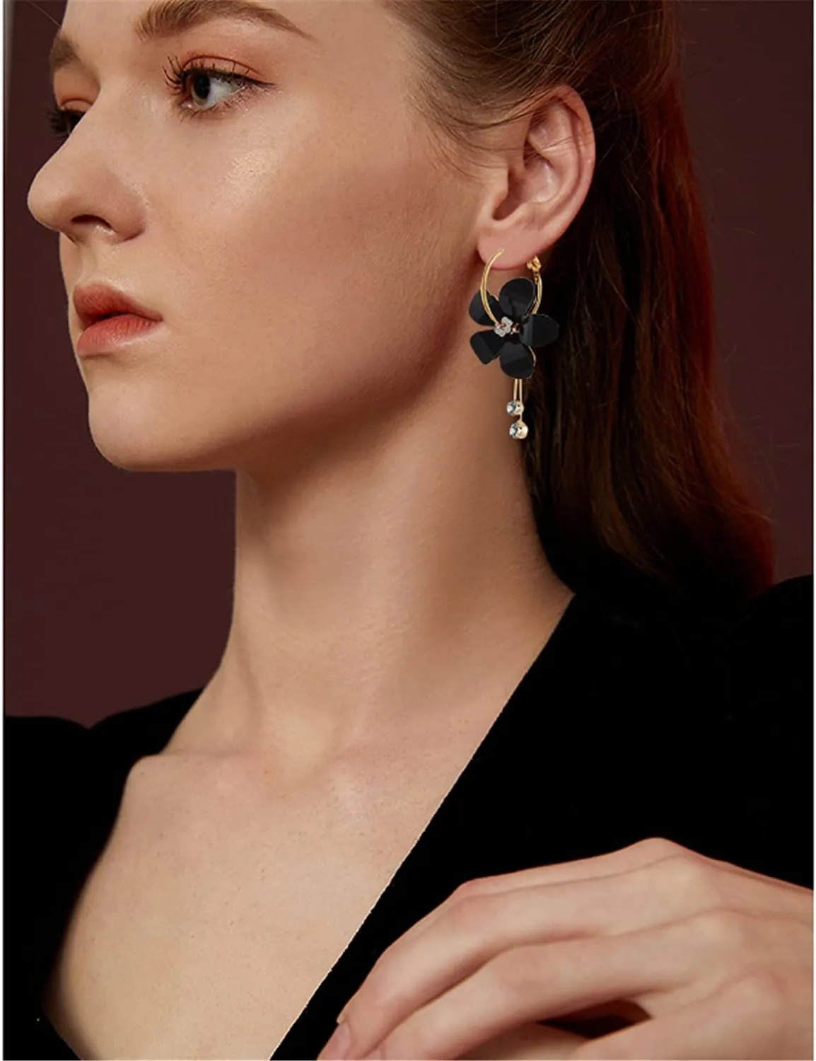 ANDPAI Elegant Romantic Bohemian Crystal Acrylic Rose Flower Dangle Drop Earrings Five Leaves Exaggerated Round Hoop long Tassel Earring for Women Statement Jewelry Gifts