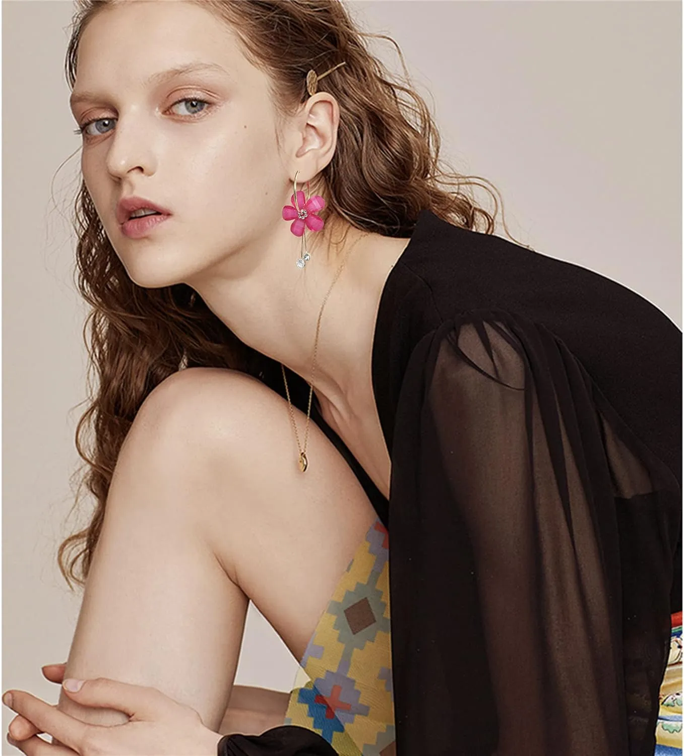 ANDPAI Elegant Romantic Bohemian Crystal Acrylic Rose Flower Dangle Drop Earrings Five Leaves Exaggerated Round Hoop long Tassel Earring for Women Statement Jewelry Gifts