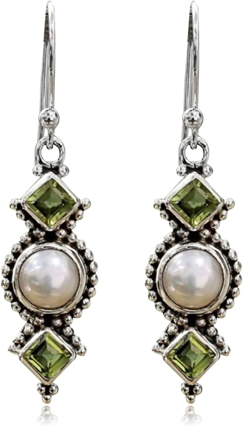 ANDPAI Unique Bohemian Lightweight Vintage Retro Silver Green Crystal Bar Dangle Drop Earrings For Women Girls Hypoallergenic Statement Jewelry Gifts