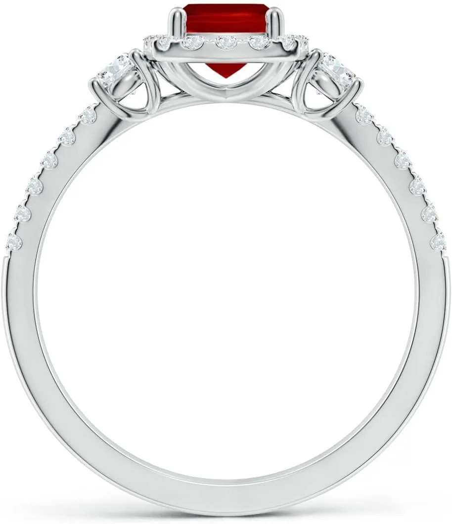 Angara Cushion Rectangular Lab Grown Ruby Halo Double Shank Engagement Ring in 14K Solid Gold/Platinum | July Birthstone, Birthday, Anniversary, Wedding Jewelry Gift for Women