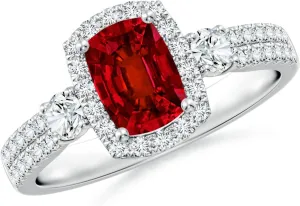 Angara Cushion Rectangular Lab Grown Ruby Halo Double Shank Engagement Ring in 14K Solid Gold/Platinum | July Birthstone, Birthday, Anniversary, Wedding Jewelry Gift for Women