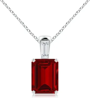 Angara Emerald-Cut Lab Grown Ruby Pendant with Baguette Diamond in 14K Solid Gold/Platinum | July Birthstone, Birthday, Engagement, Anniversary, Wedding Jewelry Gift for Women